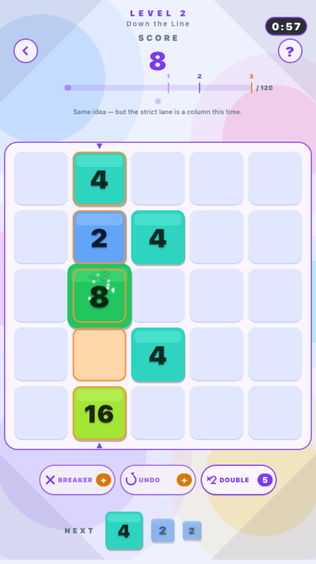 TileBlitz mid-game — a 5x5 grid with 4, 2, 4, 8, and 16 tiles in a column