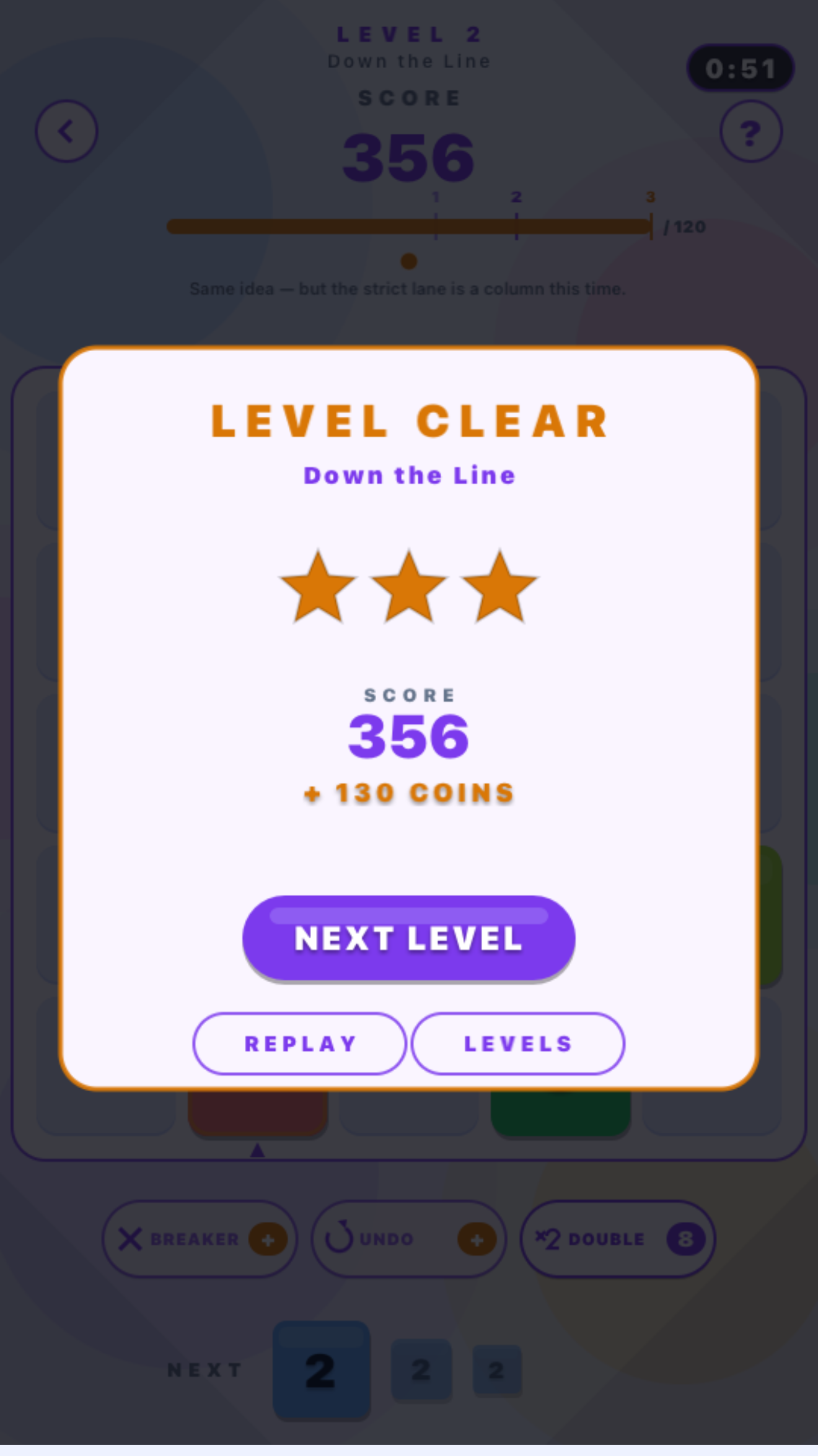 Level Clear modal — three stars, score 356, +130 coins